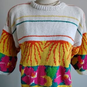 Lauren Hansen Hand Knit Vintage 90's Sweater Hibiscus Tropical Colorful Size Med